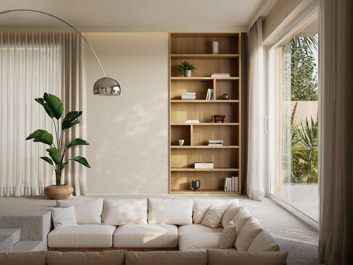 LEDGE CX215 — lifestyle v obývacím pokoji ORAC LEDGE CX215 — elegantní obývací pokoj se záclonami a regálem, decentní garnýžová lišta